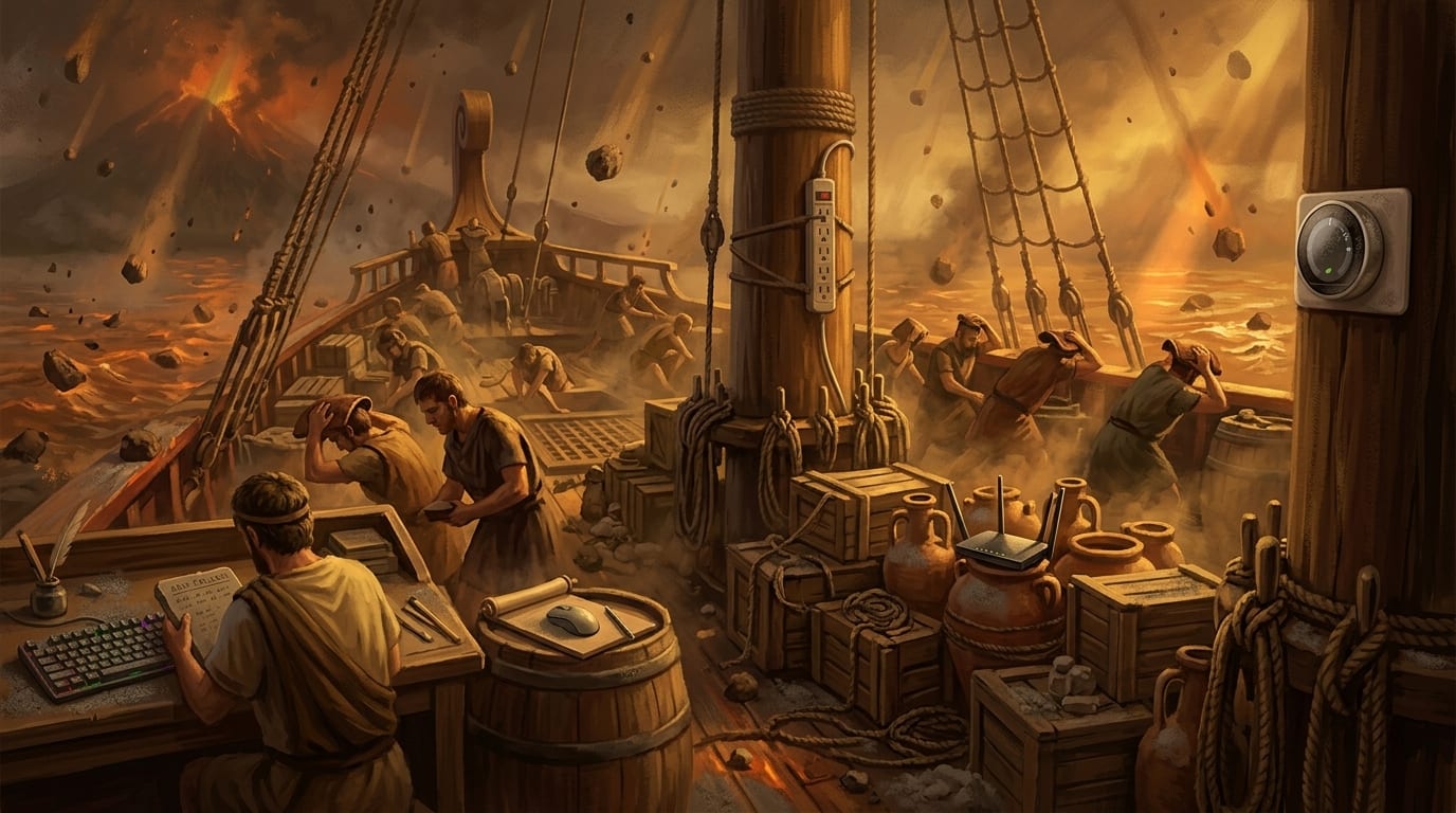 Roman ship crew bracing as Mount Vesuvius erupts in the distance