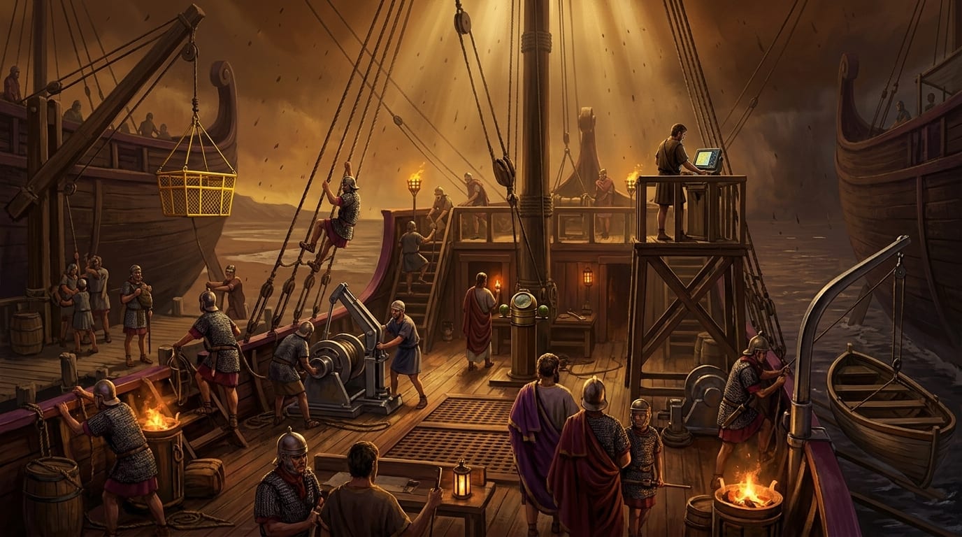 A Roman fleet launching from a torch lit dockyard