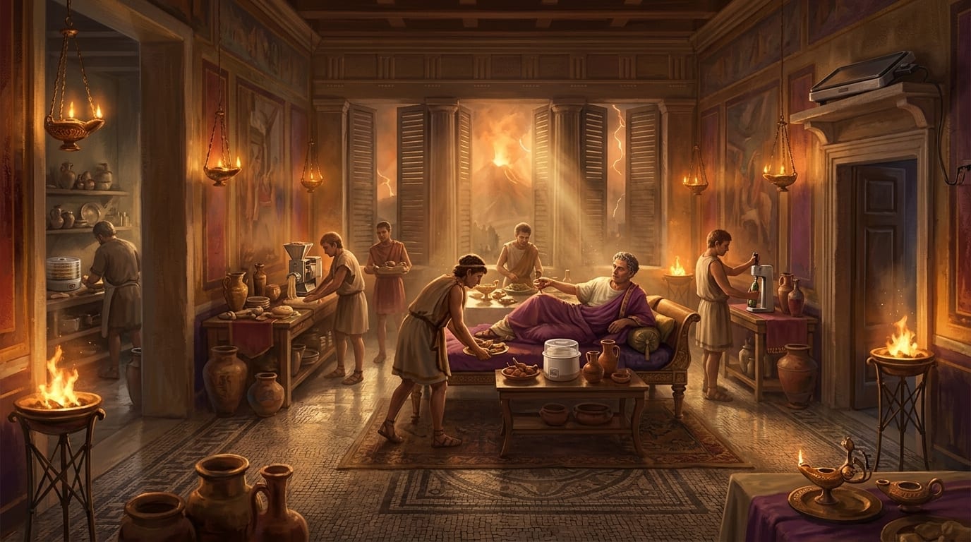 A Roman villa dinner scene at Stabiae under lightning skies