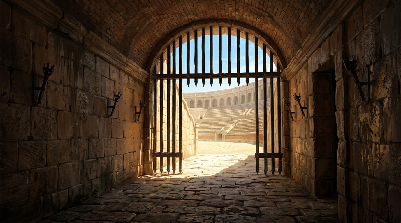 A sunlit gate leading into the Colosseum