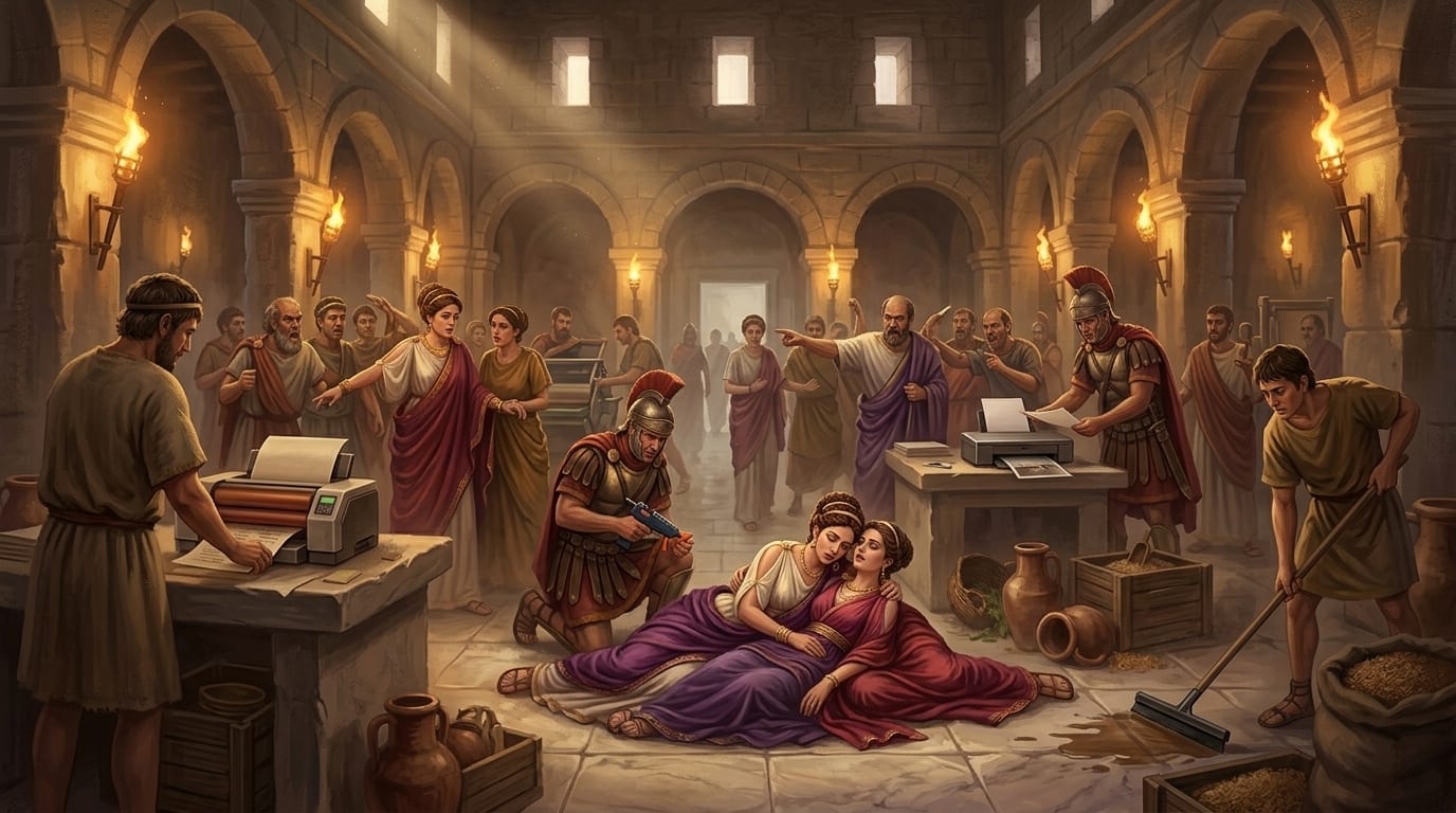 A dramatic poison trial scene in a Roman hall