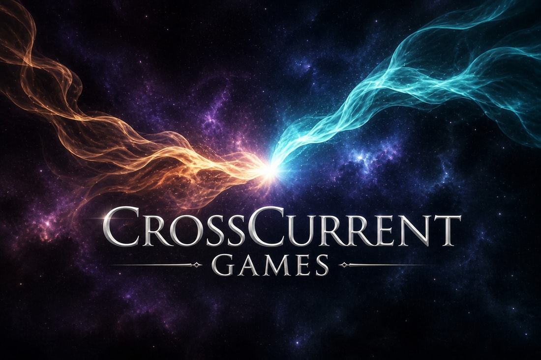 CrossCurrent Games logo with gold and cyan currents converging